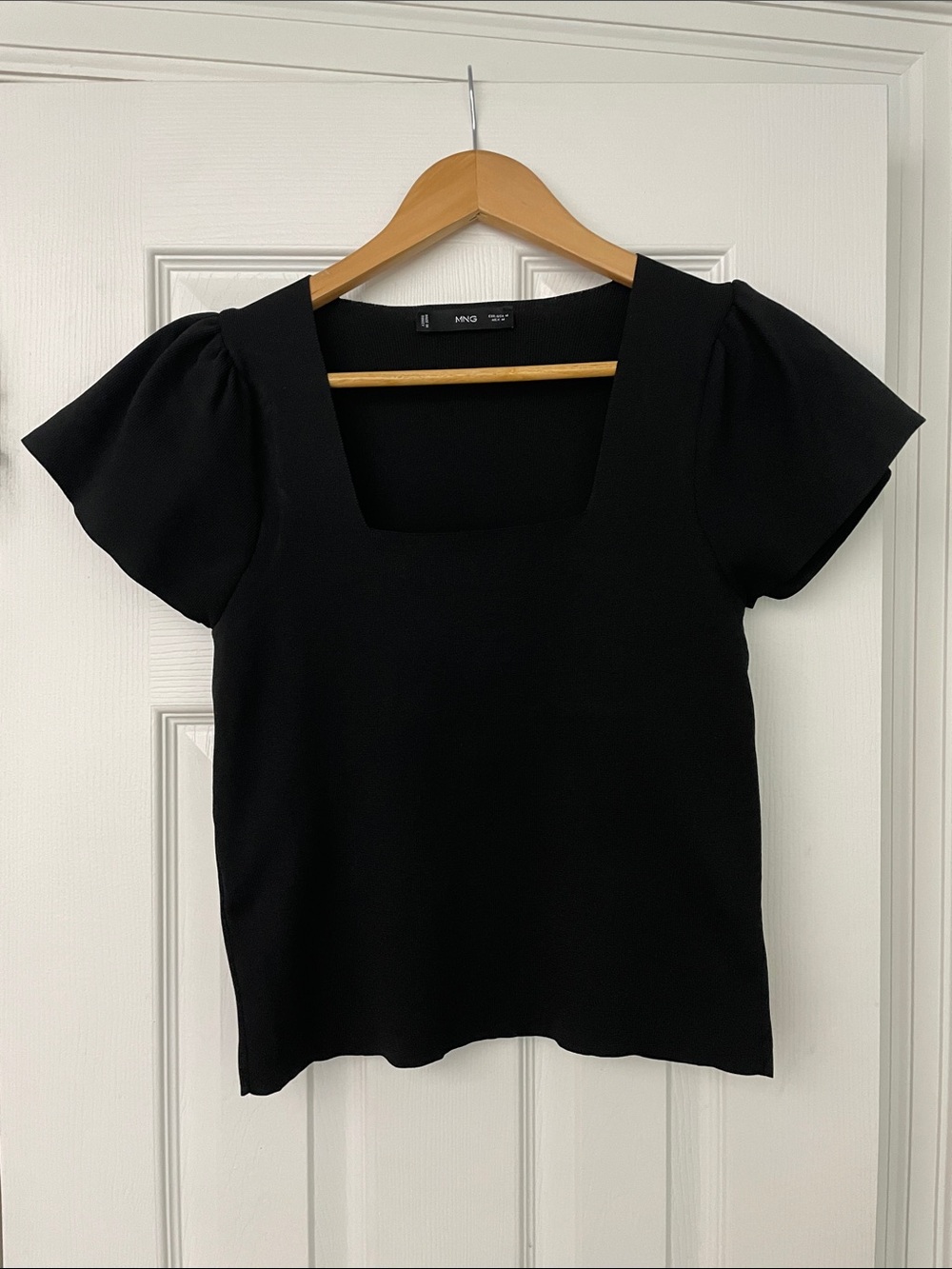 Mango Black Square-Neck Flare-Sleeve Top